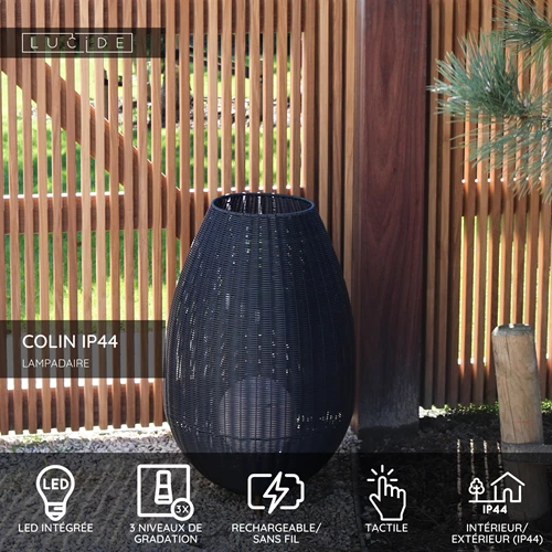Lucide COLIN IP44 - Lampadaire Rechargeable Intérieur/Extérieur - Batterie/Piles - LED 3 StepDim - 1x3W 3000K - IP44 - Noir - USP